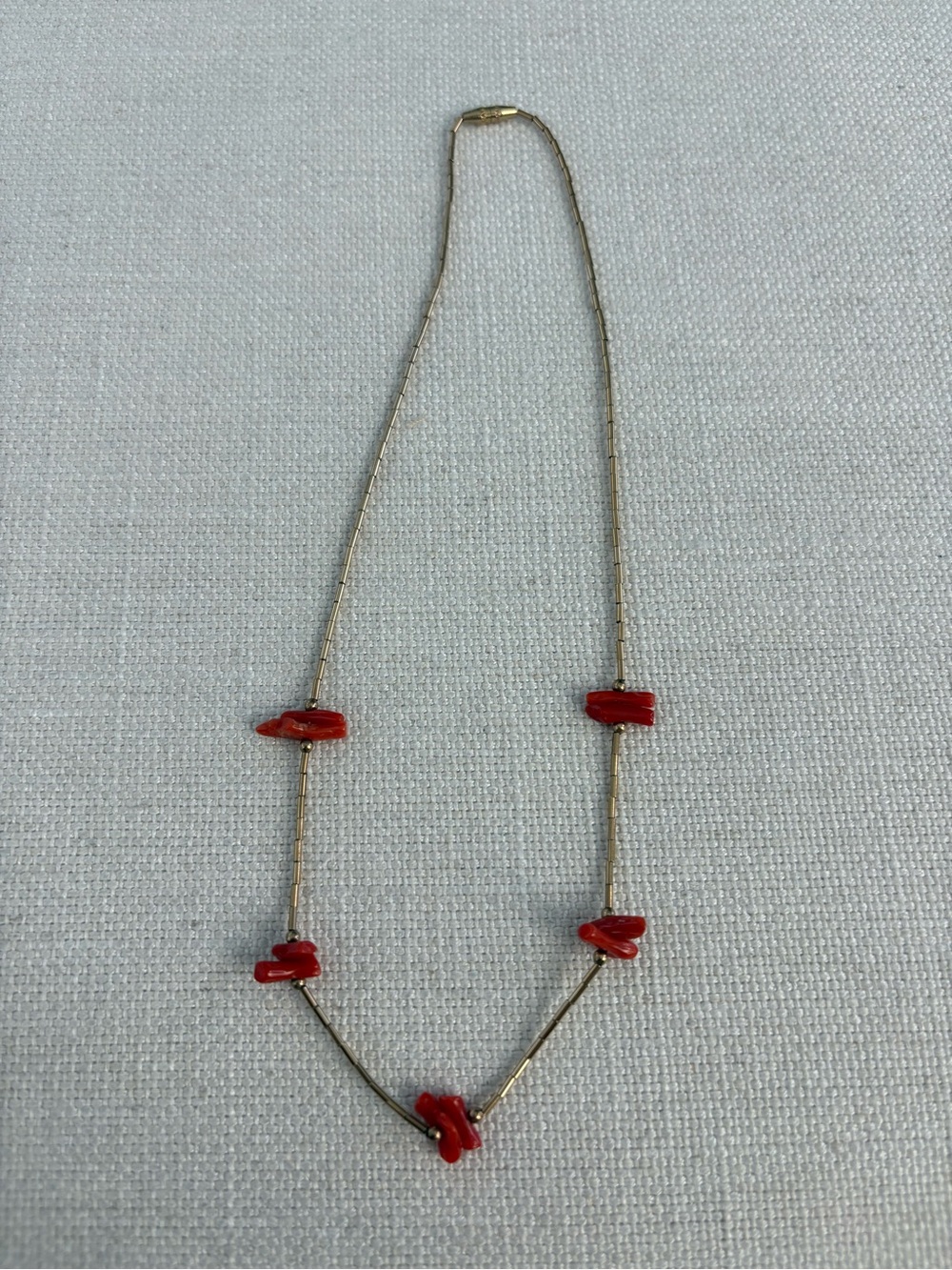 Vintage Dainty Gold Tone and Coral Necklace. 16 1/2 inches long, screw clasp.